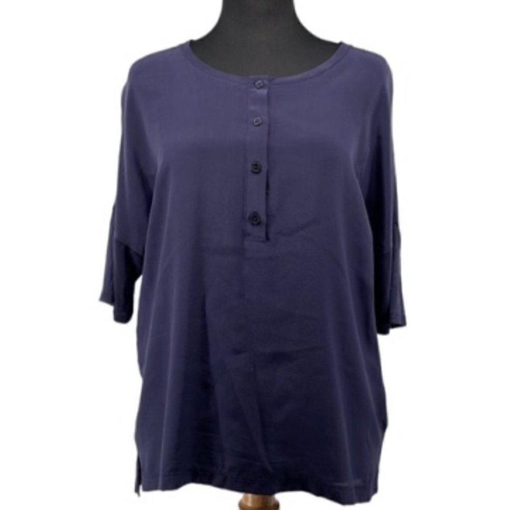Set Silk Inside Navy Blue 3/4 Length Sleeve Shirt Button Top Sz 2 Silk Viscose